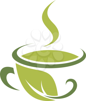 Cup of green steaming tea isolated drink of herb. Vector herbal beverage with fresh leaf