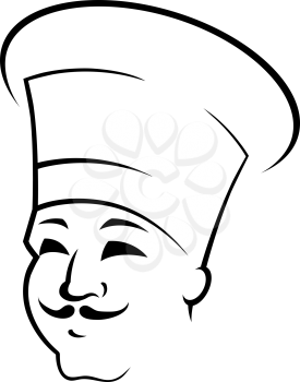Smiling chef outline vector illustration. Italian baker in chef cap ink pen sketch. Confectioner, gourmet with mustache freehand drawing. Bakery, restaurant logotype. Catering service design element