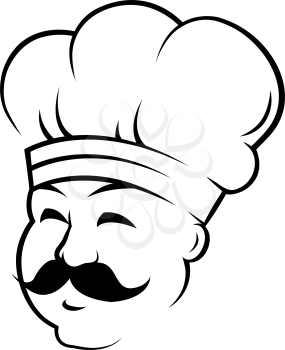 Professional chef outline vector illustration. Smiling chef, baker in hat ink pen sketch. Italian confectioner with mustache freehand drawing. Restaurant, bakery logo. Culinary line art design element