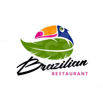 Brazilian cuisine restaurant icon, toucan in green leaves, vector emblem. Latin America or Brazil food bar and cafe signs with toucan bird and palm leaf for Brazilian authentic gourmet restaurant menu