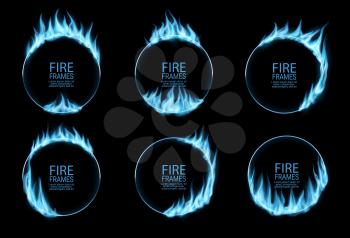 Round frames of blue gas fire flames in circle rings, vector. Blue gas light glow effect border frames of burning flares or neon ice energy and shine power