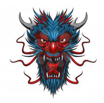 Cartoon asian dragon monster beast mascot head. China, Japan or Thailand mythology monster, fantasy creature or zodiac animal vector angry face. Furious roaring dragon with horns and sharp fangs