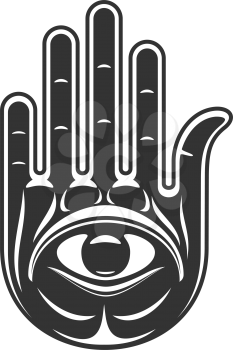 Fatima or Hamsa hand isolated Miriam Goddess symbol. Vector Jewish religion symbol, Mary hand with eye
