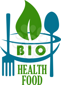 Vector illustration in blue and green of a bio health food icon with a green leaf in a bowl flanked by a spoon and fork eating utensils