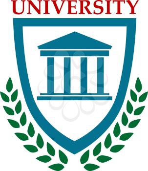 University emblem with a shield enclosing a building with a colonnade and the word University above with a foliate wreath below