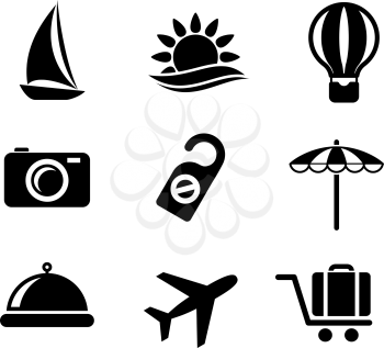 Set of travel and tourism icons in black and white depicting a yacht, hot air balloon, tropical sun, camera, beach umbrella, food, airplane. luggage and a do not disturb sign