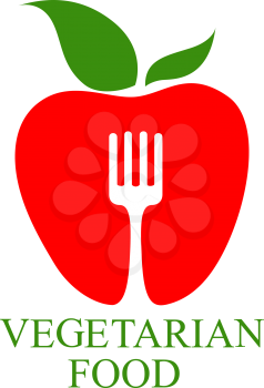Vegetarian Food icon with a symbolic healthy ripe red apple with a fresh green leaf superimposed by a fork with text below, vector design