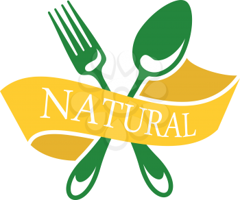 Restaurant icon depicting natural food straight from the garden or farm with a ribbon banner with the word wrapped around a fork and spoon