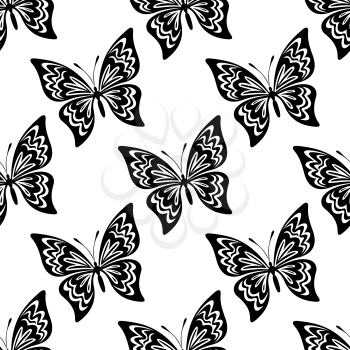 Black and white vector seamless pattern of butterflies with outspread wings showing swirling markings on white, square format