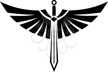 Black and white vector illustration of a winged sword with elegant outspread wings and feathers for tattoo design