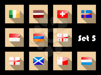 Flag icons of Ireland, Latvia, Switzerland, Georgia, Armenia, Poland, Scotland, England, Malta, Netherlands in glossy flat style