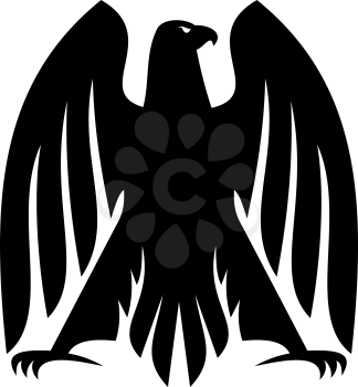 Black and white impressive Imperial eagle silhouette with raised outspread wings and curved talons, head turned in profile for heraldry design
