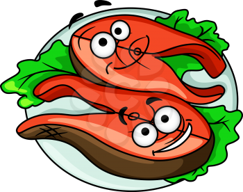 Two happy cartoon tuna steaks on fresh green lettuce for a healthy seafood meal for restaurant design
