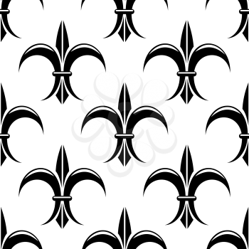 Stylized black and white fleur de lys design in a seamless background pattern suitable for fabric, wallpaper or heraldry. Vector illustration