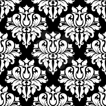 Seamless black and white vintage arabesque pattern with floral motifs in square format suitable for damask-style fabric and wallpaper, vector illustration