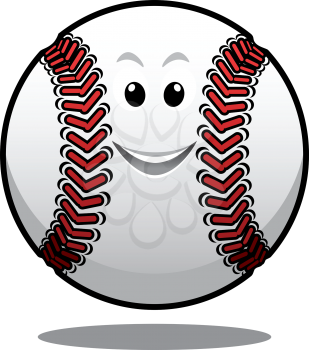 Happy white baseball ball with red stitching and a smiling face bouncing in the air with a shadow below, cartoon illustration isolated on white
