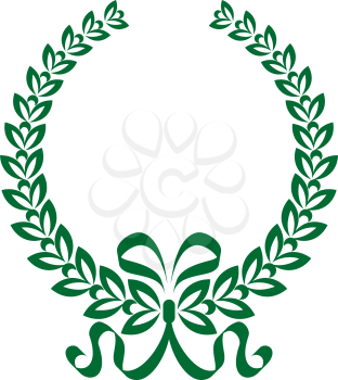 Green and white foliate laurel wreath with a twirling decorative ribbon enclosing black copyspace