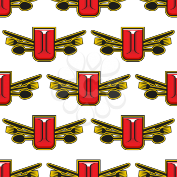 Catering or restaurant seamless pattern with a tankard of beer or mug of coffee flanked by knives, forks and spoons in a repeat motif in square format
