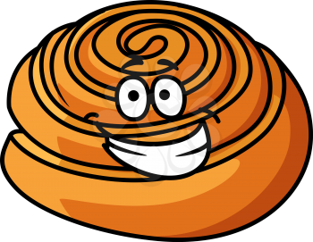 Happy golden brown delicious cartoon sticky bun with a smiling face isolated on white