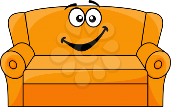 Cartoon upholstered orange couch, sofa or settee with a happy smile, vector illustration isolated on white