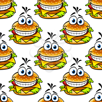 Seamless cartoon cheeseburger pattern with a double helping of cheese and a large toothy smile in a repeat motif