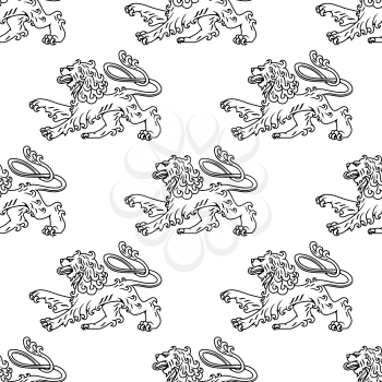 Seamless pattern of a vintage heraldic lion in profile with a curly mane and swirling tail , black and white line illustration in square format suitable for wallpaper and textile