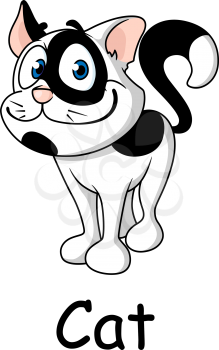Cute cartoon cat with black and white markings and a pleased happy smile