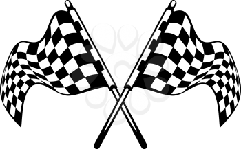 Waving crossed black and white checkered flags used in motor sport isolated on white for heraldry design