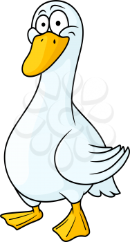 White cartoon goose with a yellow bill and webbed feet standing at an angle isolated on white
