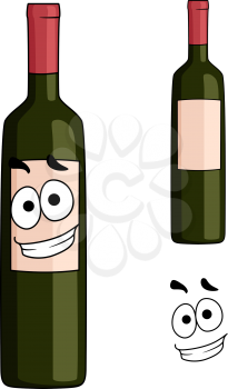 Cartoon bottle of red wine with a happy smiling face together with a plain bottle with the smile element separate, isolated on white