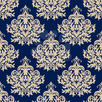 Damask style seamless pattern on navy blue with a beige repeat floral motif suitable for wallpaper, tiles and fabric design in square format