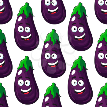 Smiling happy fresh purple eggplant or aubergine with a colorful green stalk seamless background pattern in cartoon style