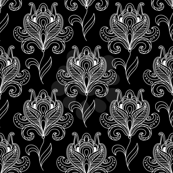 White colored Paisley seamless floral pattern in Persian style for wallpaper, tiles and fabric design isolated over black colored background in square format