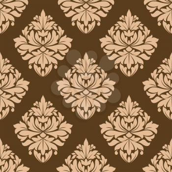 Seamless light brown colored floral arabesque pattern in damask style motifs suitable for wallpaper, tiles and fabric design isolated over brown colored background