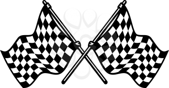 Two crossed black and white checkered flags waving in the wind conceptual of motor sport, isolated on white
