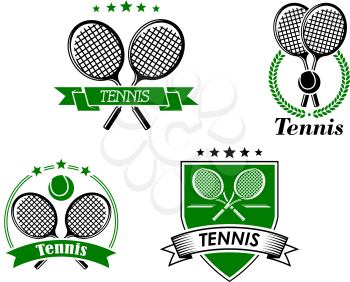 Four different tennis badges with crossed rackets with ribbon banner, laurel wreath, curved banner and circular frame and a shield and banner, each with text Tennis