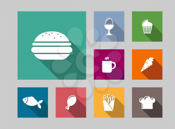 Flat food icons set with cake, egg, tea, , carrot, fish, roast chicken, fries, hamburger and cap 
