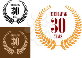 Anniversary jubilee celebration icon with laurel wreath, three variants with text – 30 celebration years. Dark red and orange color isolated on white background