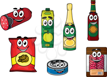 Cartoon vector supermarket groceries colored icons with happy smiling faces with salami, apple juice, champagne, beer, chips, tinned fish and sliced salami in a packet, on white