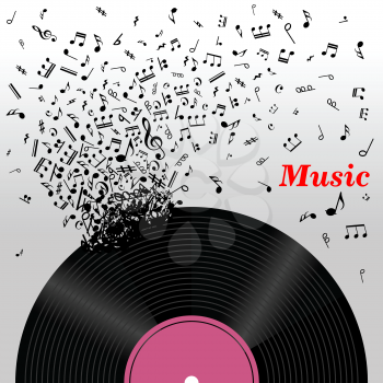 Retro music concept with a cloud of music notes emitting from a long play vinyl record with the text Music