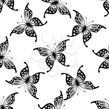 Flying butterflies seamless background pattern with black and white vector icons of randomly scattered butterflies with open wings in square format for wallpaper or fabric