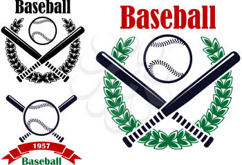 Baseball sporting emblems or symbols with ball, bats and  laurel wreath isolated on white background. For tournament ot sports team design 