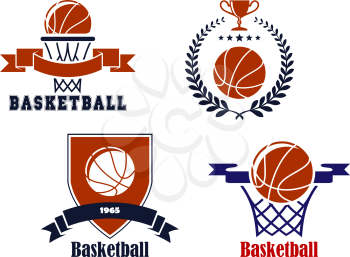 Basketball emblems or symbols with baskets, laurel wreath, heraldic shield, trophy cup  and balls for sports design