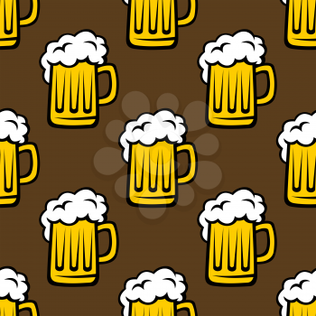 Seamless pattern of glass tankards of frothy beer, yellow and white color isolated on brown background