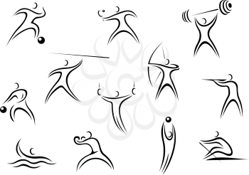 Set of sporting sketch line drawing icons depicting men in action in a wide variety of sports in black and white
