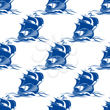 Seamless background pattern of a full rigged sailing ship with billowing sails cruising through the waves in nautical blue with a repeat motif