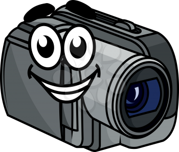 Happy gray colored cartoon video camera with cute smiling face isolated on white background