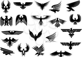 Heraldic black eagles, falcons and hawks set spread wings, isolated on white background
