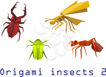 Origami insects set of staghorn, bee, ant and beetle isolated on white background. For educational or wildlife design