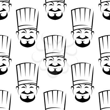 Smiling chefs seamless background pattern with black and white vector icons of a bearded chef wearing a traditional white toque, in square format